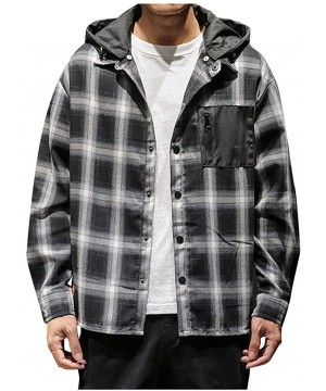 Men's Button Down Shirt Plus Size Fashion Plaid Long Sleeve Casual Removable Hoodie T-Shirts Cardigan Outwear - Black - CI18W...