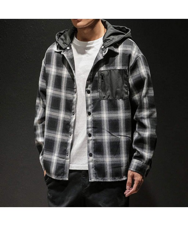 Men's Button Down Shirt Plus Size Fashion Plaid Long Sleeve Casual Removable Hoodie T-Shirts Cardigan Outwear - Black - CI18W...