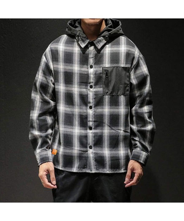 Men's Button Down Shirt Plus Size Fashion Plaid Long Sleeve Casual Removable Hoodie T-Shirts Cardigan Outwear - Black - CI18W...