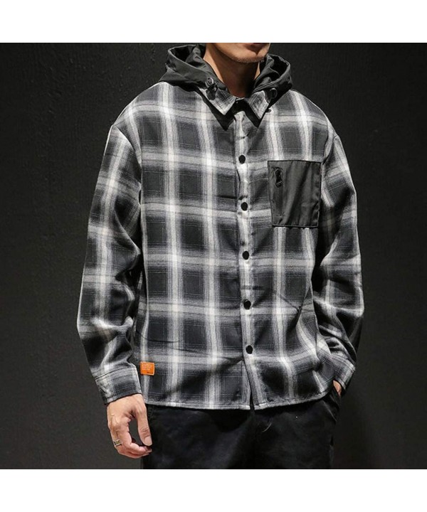 Men's Button Down Shirt Plus Size Fashion Plaid Long Sleeve Casual Removable Hoodie T-Shirts Cardigan Outwear - Black - CI18W...