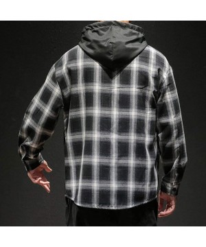 Men's Button Down Shirt Plus Size Fashion Plaid Long Sleeve Casual Removable Hoodie T-Shirts Cardigan Outwear - Black - CI18W...