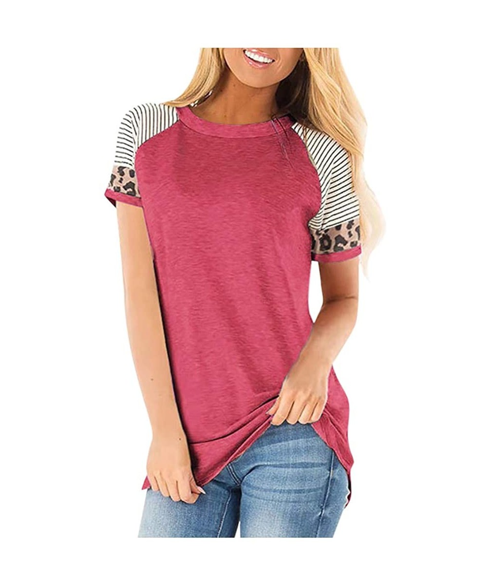 Women Short Sleeve Casual Comfy Leopard Stripe Sequin Tunics Loose Tops Blouse T Shirt - M-red - C6196ERE5TL $12.40-Tankinis