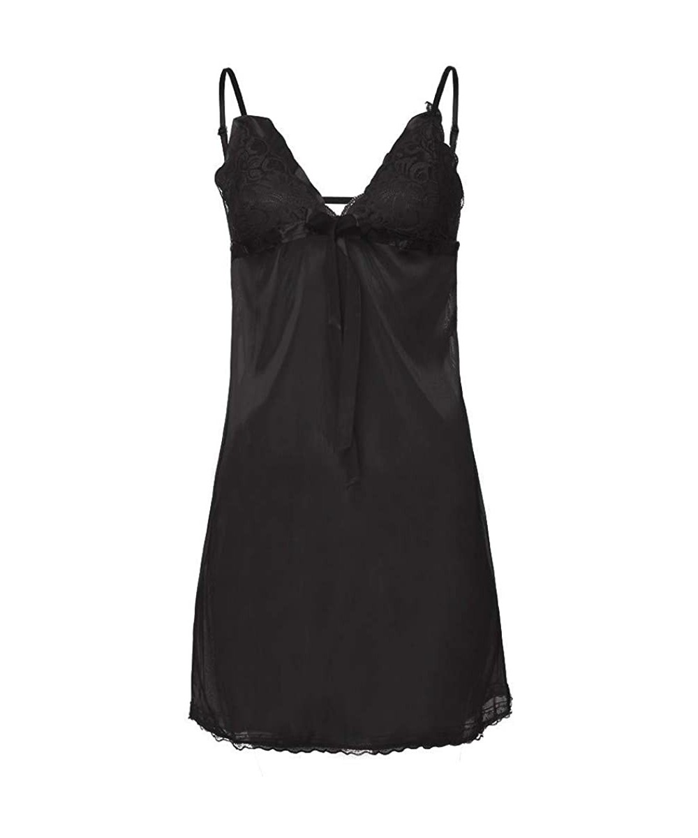 Satin Chemise Nightie with Lace Babydoll V Neck Sleepwear Slip Dress - Black - C618NZXZD3S $9.61-Racing