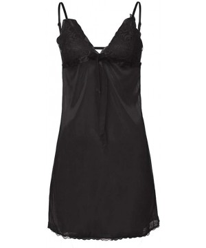 Satin Chemise Nightie with Lace Babydoll V Neck Sleepwear Slip Dress - Black - C618NZXZD3S $9.61-Racing