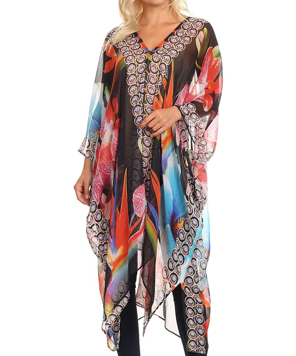 Livi Women's V Neck Beach Dress Cover up Caftan Top Loose with Rhinestone - Flbk32-black - CR18CY0NZSK $37.69-Cover-Ups