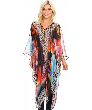 Livi Women's V Neck Beach Dress Cover up Caftan Top Loose with Rhinestone - Flbk32-black - CR18CY0NZSK $37.69-Cover-Ups