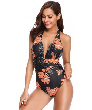 Women V Neck One Piece Swimsuit Halter Bathing Suits - Black&orange - CI18EDR0QCY $10.77-One-Pieces