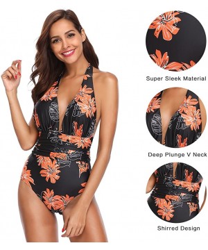 Women V Neck One Piece Swimsuit Halter Bathing Suits - Black&orange - CI18EDR0QCY $10.77-One-Pieces