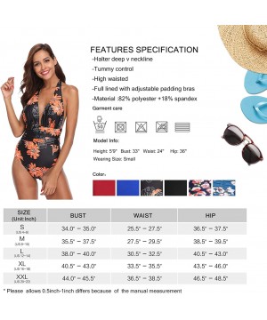 Women V Neck One Piece Swimsuit Halter Bathing Suits - Black&orange - CI18EDR0QCY $10.77-One-Pieces