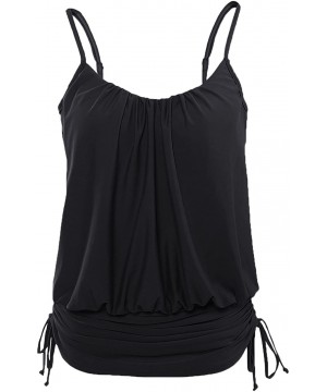 Women's Retro Bathing Suit Spaghetti Strap Tankini Swim Top with Adjustable Drawstrings - Black - C0188WIHMZX $19.90-One-Pieces