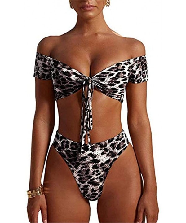 Womens Leopard Printed Knot Front Crop Off Shoulder High Cut Bandeau Bikini Two Pieces - Black - C418WXW4Z4Q $26.62-Sets