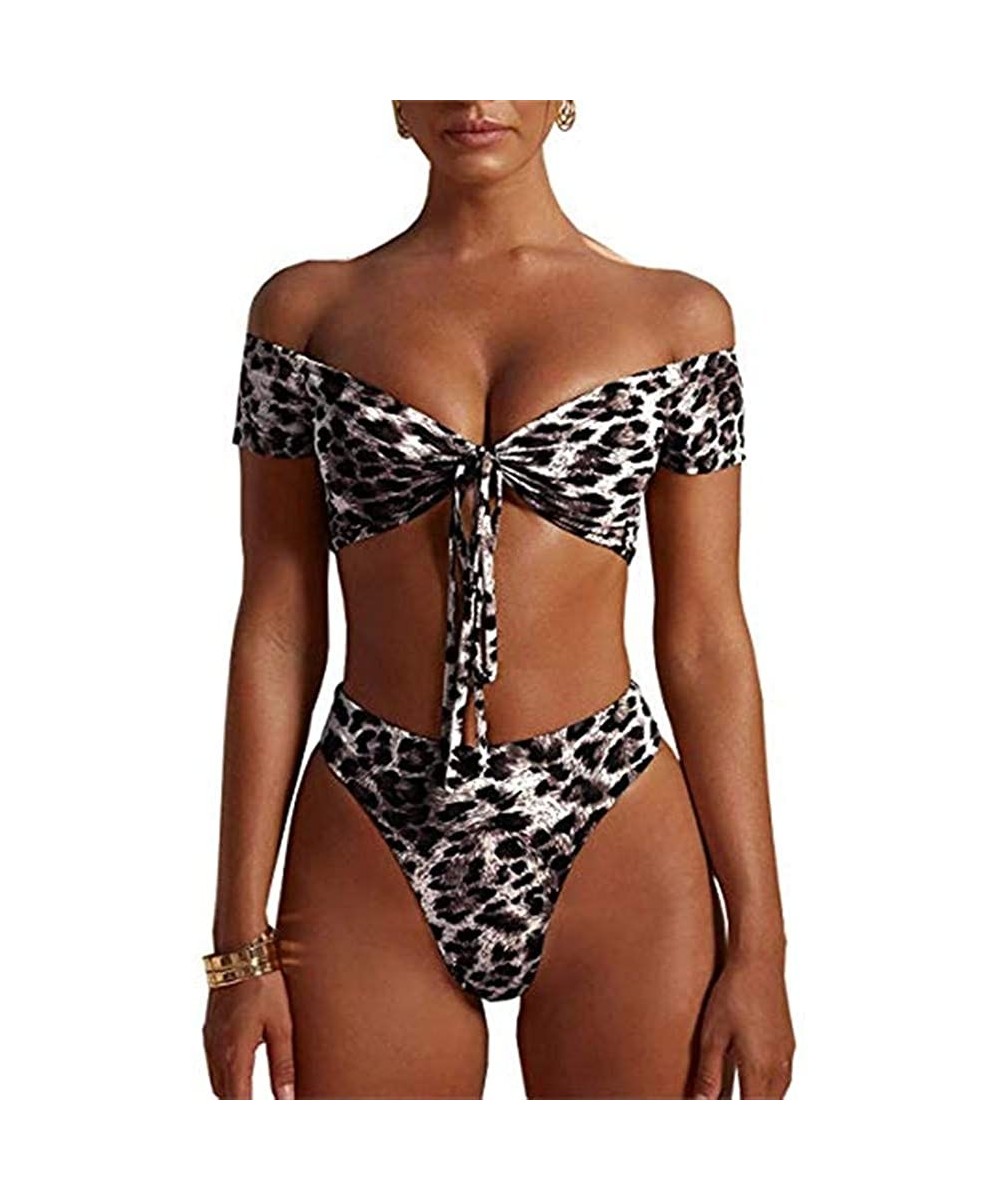 Womens Leopard Printed Knot Front Crop Off Shoulder High Cut Bandeau Bikini Two Pieces - Black - C418WXW4Z4Q $26.62-Sets