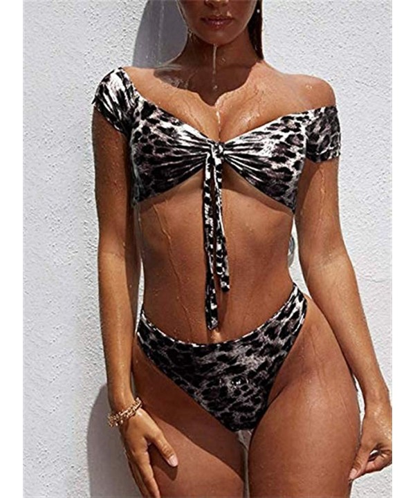 Womens Leopard Printed Knot Front Crop Off Shoulder High Cut Bandeau Bikini Two Pieces - Black - C418WXW4Z4Q $26.62-Sets