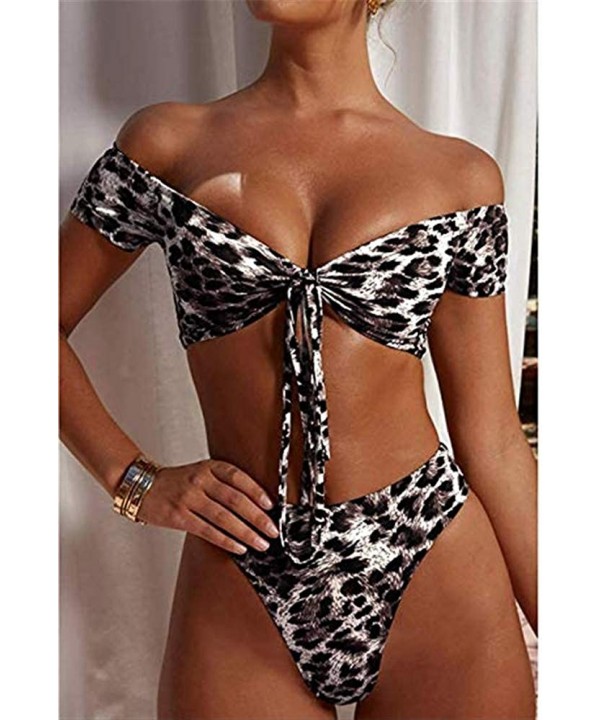 Womens Leopard Printed Knot Front Crop Off Shoulder High Cut Bandeau Bikini Two Pieces - Black - C418WXW4Z4Q $26.62-Sets