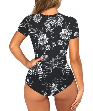 Women's Zip Up Short Sleeve Leaf Floral Print One Piece Rash Guard - Black - CI18DHDGG62 $17.82-One-Pieces