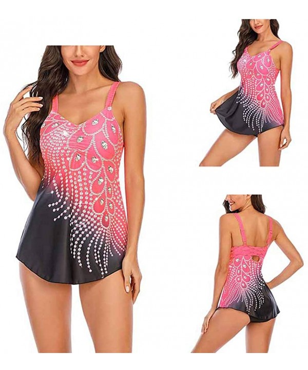 Womens Feather Sequins Print Tankini Swimwear Two Piece Set Tummy Control Swimming Bathing Suit Swimsuits - Pink - CA1980IM4Z...