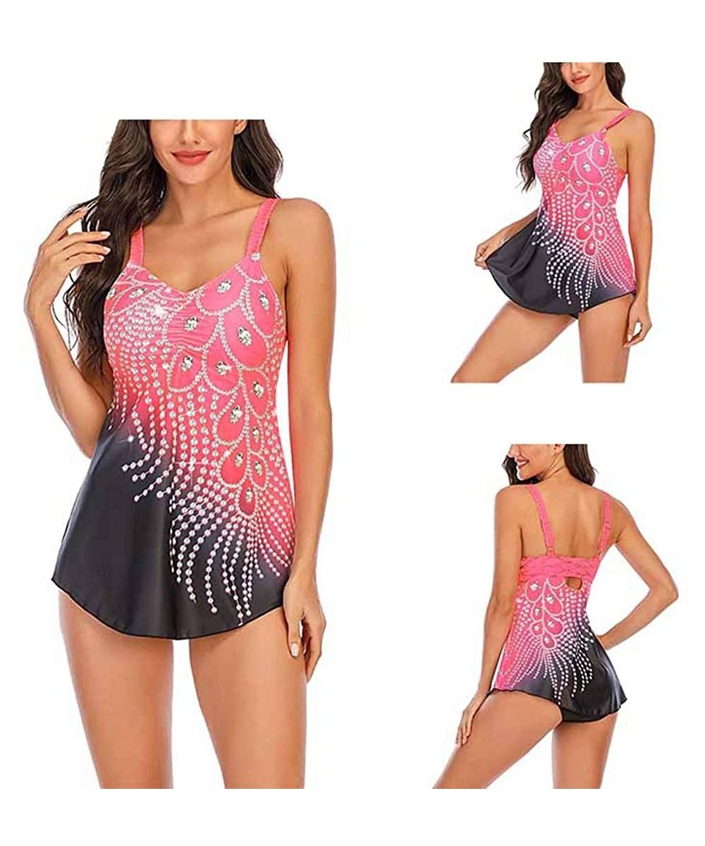 Womens Feather Sequins Print Tankini Swimwear Two Piece Set Tummy Control Swimming Bathing Suit Swimsuits - Pink - CA1980IM4Z...