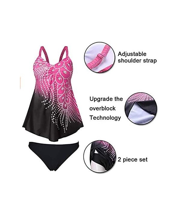 Womens Feather Sequins Print Tankini Swimwear Two Piece Set Tummy Control Swimming Bathing Suit Swimsuits - Pink - CA1980IM4Z...