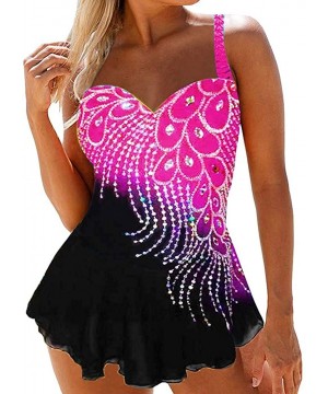 Womens Feather Sequins Print Tankini Swimwear Two Piece Set Tummy Control Swimming Bathing Suit Swimsuits - Pink - CA1980IM4Z...