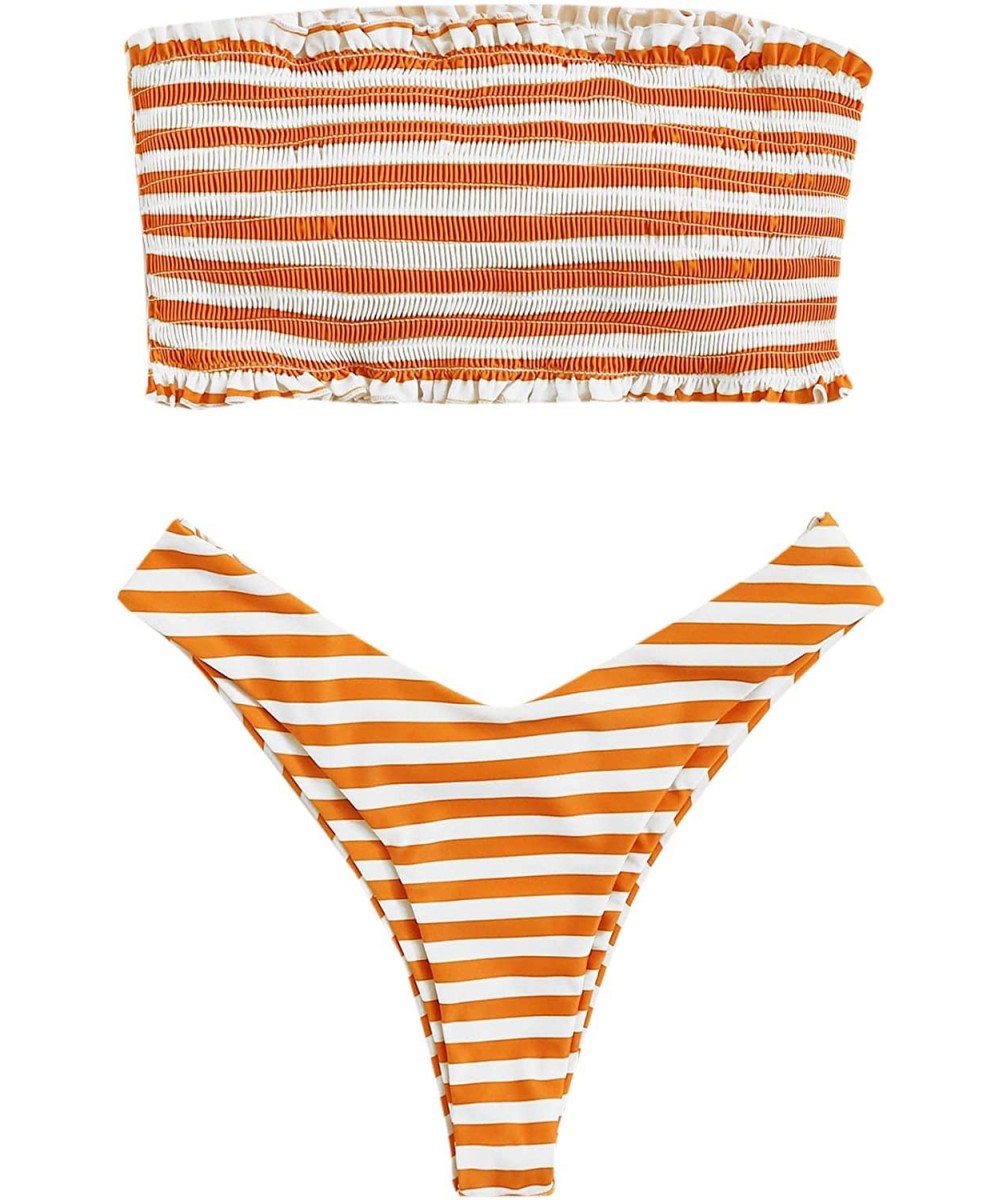 Womens 2 Pieces Bandeau Bikini Swimsuits Off Shoulder High Waist Bathing Suit - Orange - C7196075XL5 $20.47-Sets