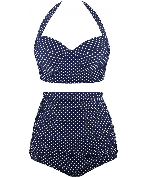 Women Vintage Two Piece Swimsuits High Waisted Bathing Suits with Underwired Top - Halter Navy Polka Dot - CX1965KYWK5 $31.35...