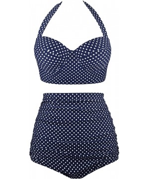 Women Vintage Two Piece Swimsuits High Waisted Bathing Suits with Underwired Top - Halter Navy Polka Dot - CX1965KYWK5 $31.35...