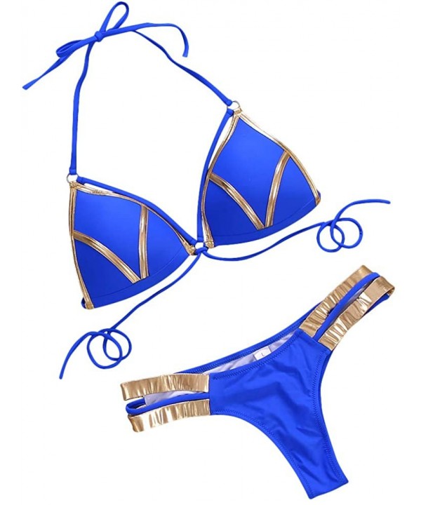 Women's 2 Piece Sexy Swimsuits Off Shoulder Triangle Bikini Set Thong Brazilian - Blue - CZ18RO4D4X2 $14.87-Sets