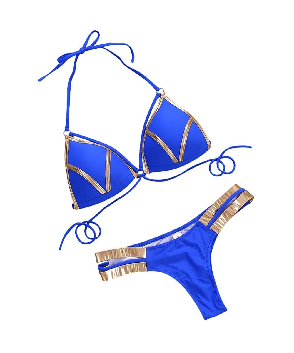 Women's 2 Piece Sexy Swimsuits Off Shoulder Triangle Bikini Set Thong Brazilian - Blue - CZ18RO4D4X2 $14.87-Sets