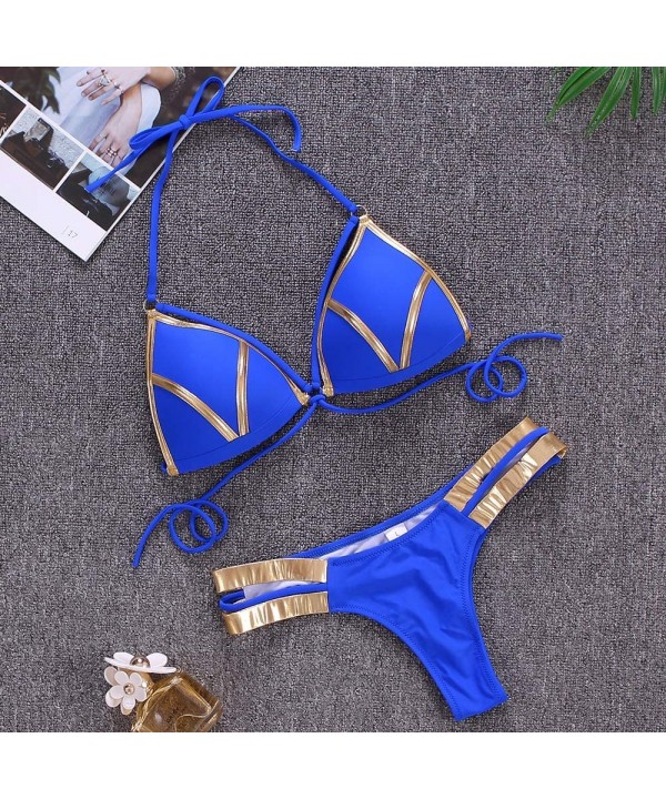 Women's 2 Piece Sexy Swimsuits Off Shoulder Triangle Bikini Set Thong Brazilian - Blue - CZ18RO4D4X2 $14.87-Sets