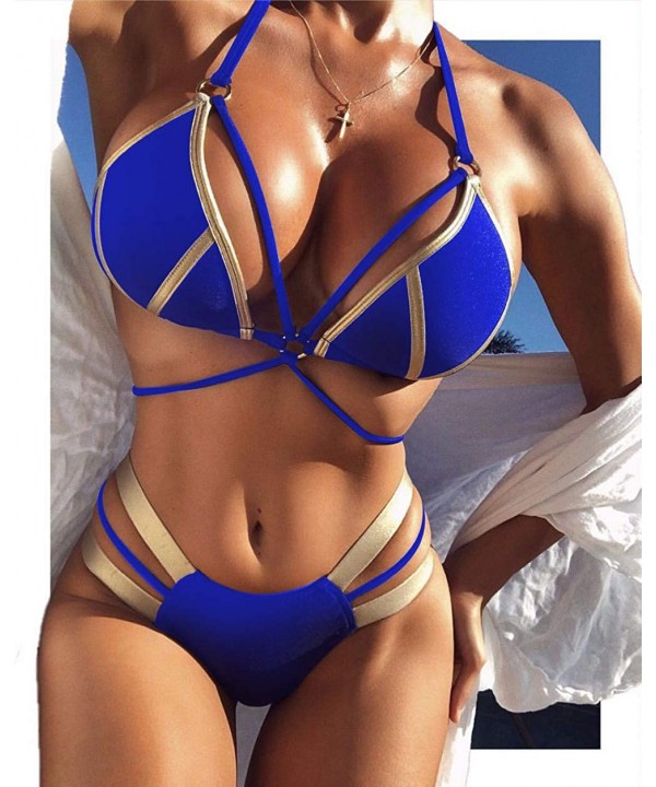 Women's 2 Piece Sexy Swimsuits Off Shoulder Triangle Bikini Set Thong Brazilian - Blue - CZ18RO4D4X2 $14.87-Sets