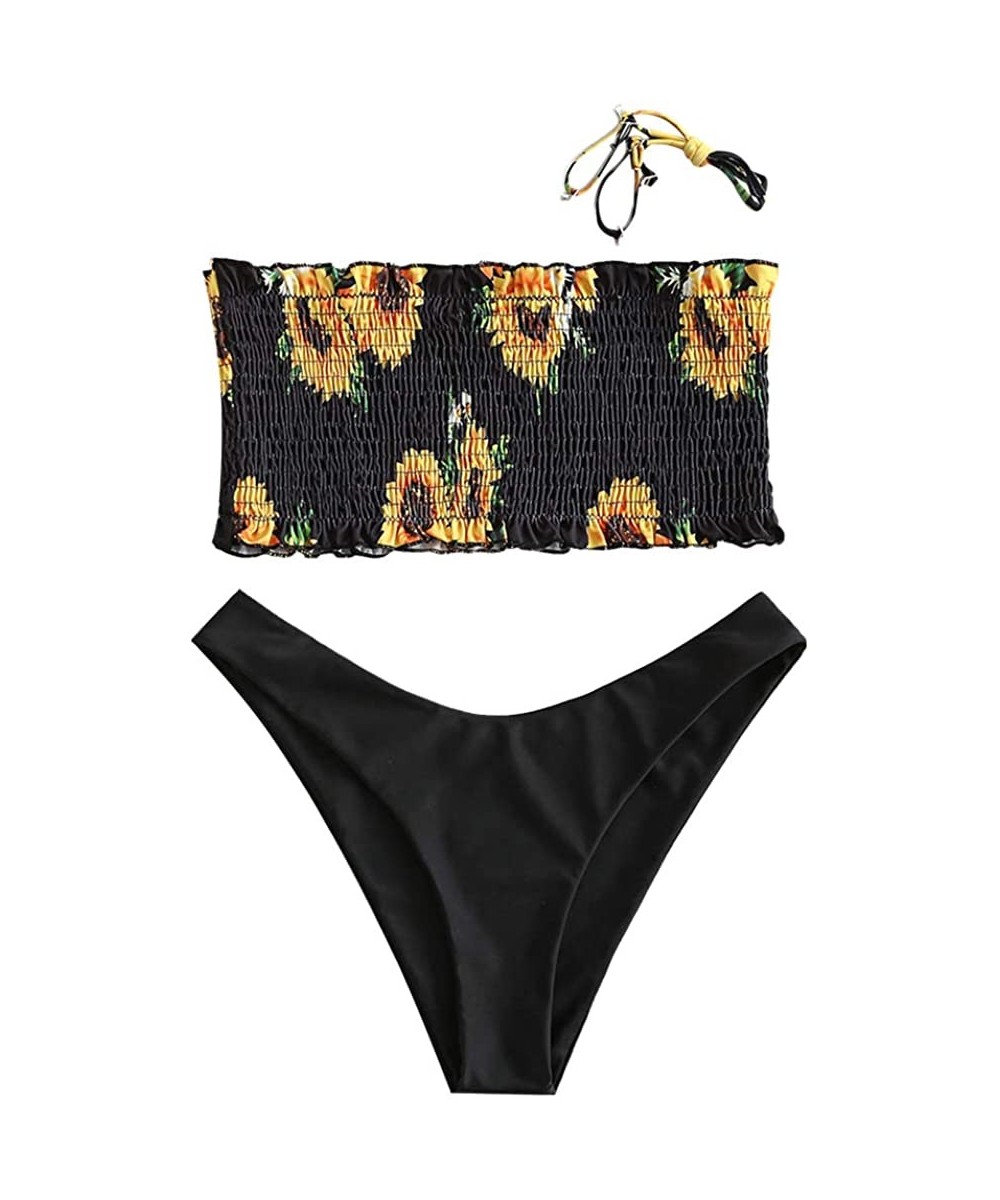 Women's Strapless Striped Frilled Smocked Two Piece Bandeau Bikini Set - A-2-black - CO199UO8GTL $20.27-Sets