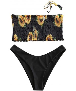 Women's Strapless Striped Frilled Smocked Two Piece Bandeau Bikini Set - A-2-black - CO199UO8GTL $20.27-Sets