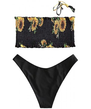 Women's Strapless Striped Frilled Smocked Two Piece Bandeau Bikini Set - A-2-black - CO199UO8GTL $20.27-Sets