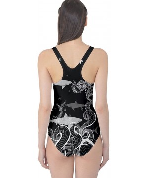 Womens Beachwear Sharks Penguin Dolphin Octopus Whale Fish Scales One Piece Swimsuit- X- Shark in Dark - CS183673T4R $24.79-O...