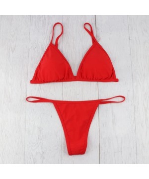 Swimsuits for Women Padded Push Up Bra Thong Two Piece Solid Bikini Bathing Suit - Red - CU190O60MMX $11.97-Sets