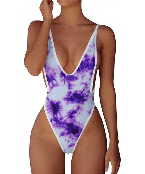 Swimsuits for Women Sexy Monokini Deep V One Piece Bathing Suits Backless Cheeky Swimwear Semi Thong Bikini - Tie-dye/Purple ...