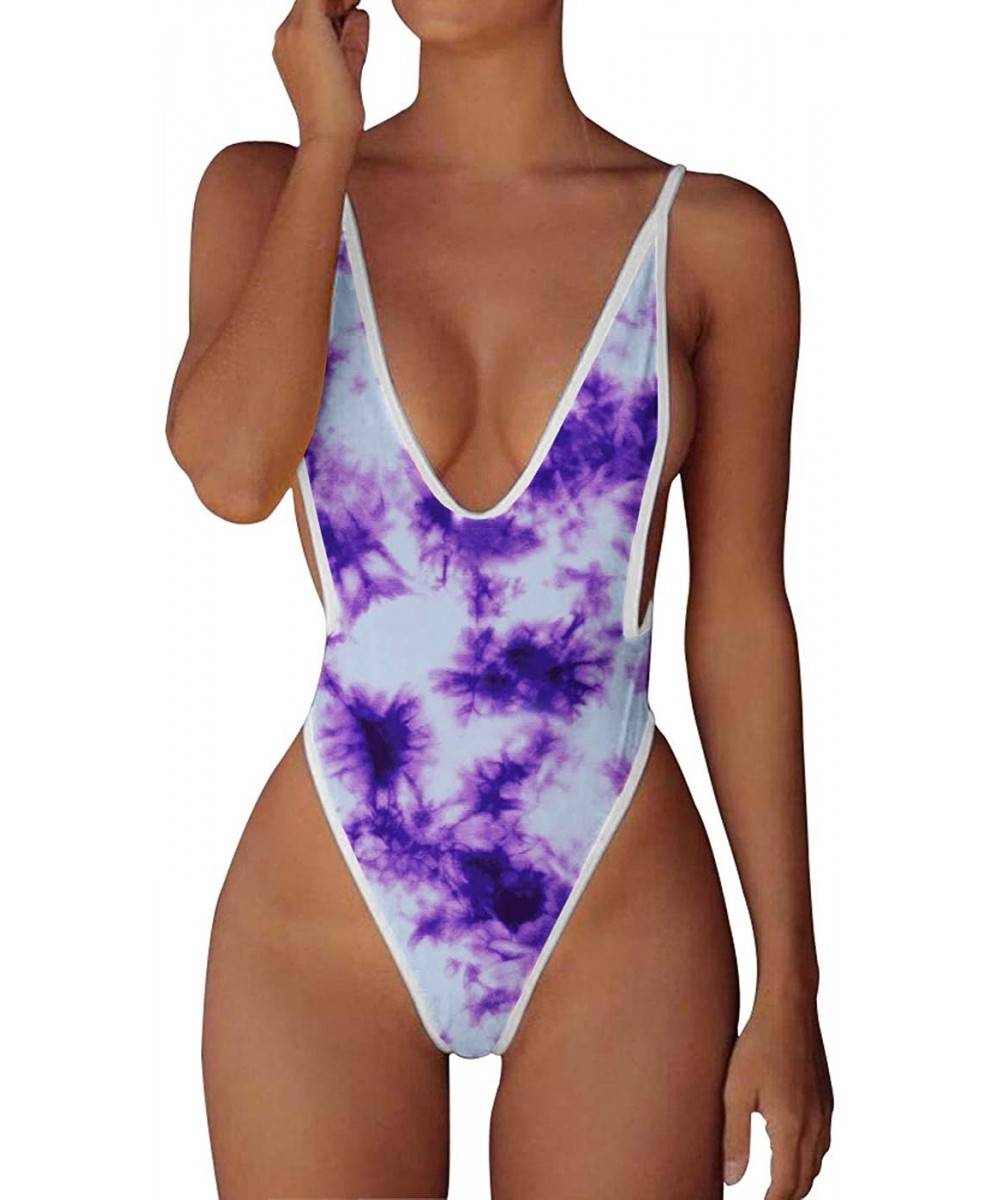 Swimsuits for Women Sexy Monokini Deep V One Piece Bathing Suits Backless Cheeky Swimwear Semi Thong Bikini - Tie-dye/Purple ...