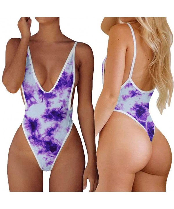 Swimsuits for Women Sexy Monokini Deep V One Piece Bathing Suits Backless Cheeky Swimwear Semi Thong Bikini - Tie-dye/Purple ...