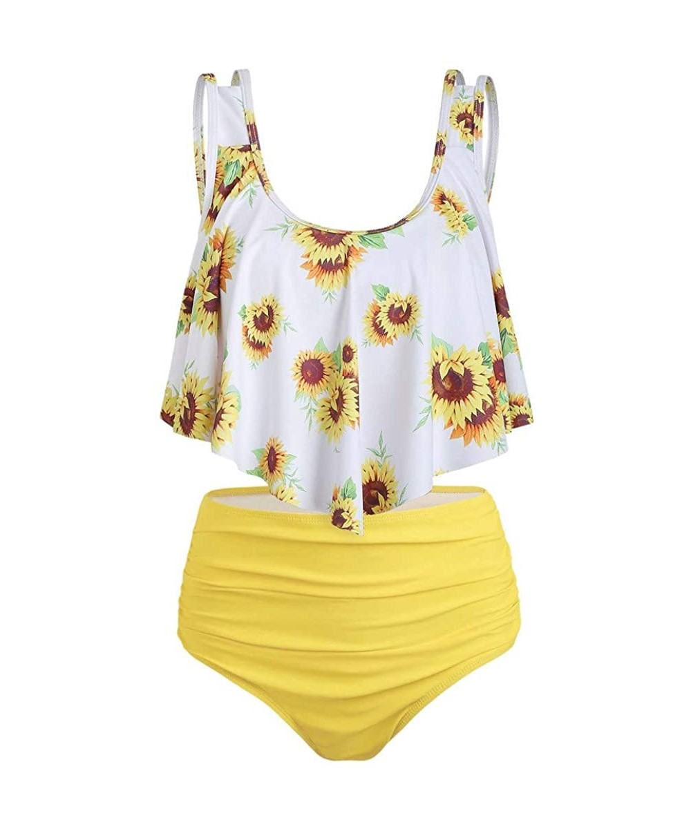 Women's Swimwear Split Two-Piece Swimsuit Top Ruffle Print High Waist Bottom Bikini Set - B-yellow - C918U22ROZD $15.38-Tankinis