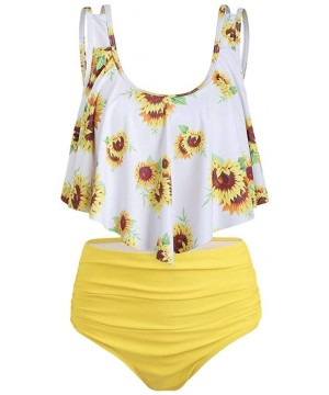 Women's Swimwear Split Two-Piece Swimsuit Top Ruffle Print High Waist Bottom Bikini Set - B-yellow - C918U22ROZD $15.38-Tankinis