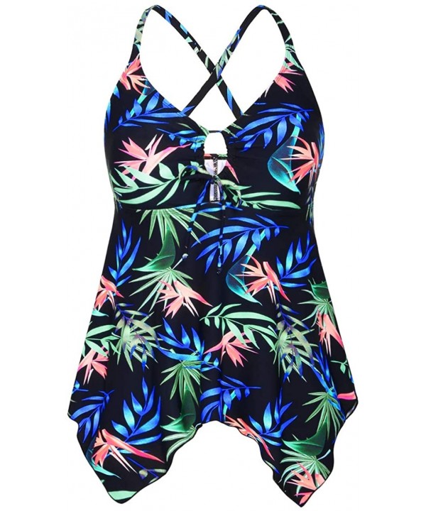 Women's Front Tie Swim Top Cross Back Tankini Top Flowy Swimdress Tummy Control - Blue Leaves - CL18GDNE73M $27.09-One-Pieces