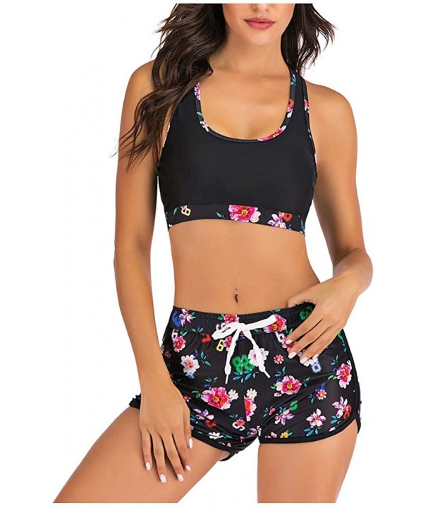 Women Two Piece with Racerback Tops Boyleg Short Swimsuits Sporty Bathing Swimwear - Black - CJ1965D9IYD $13.04-Racing