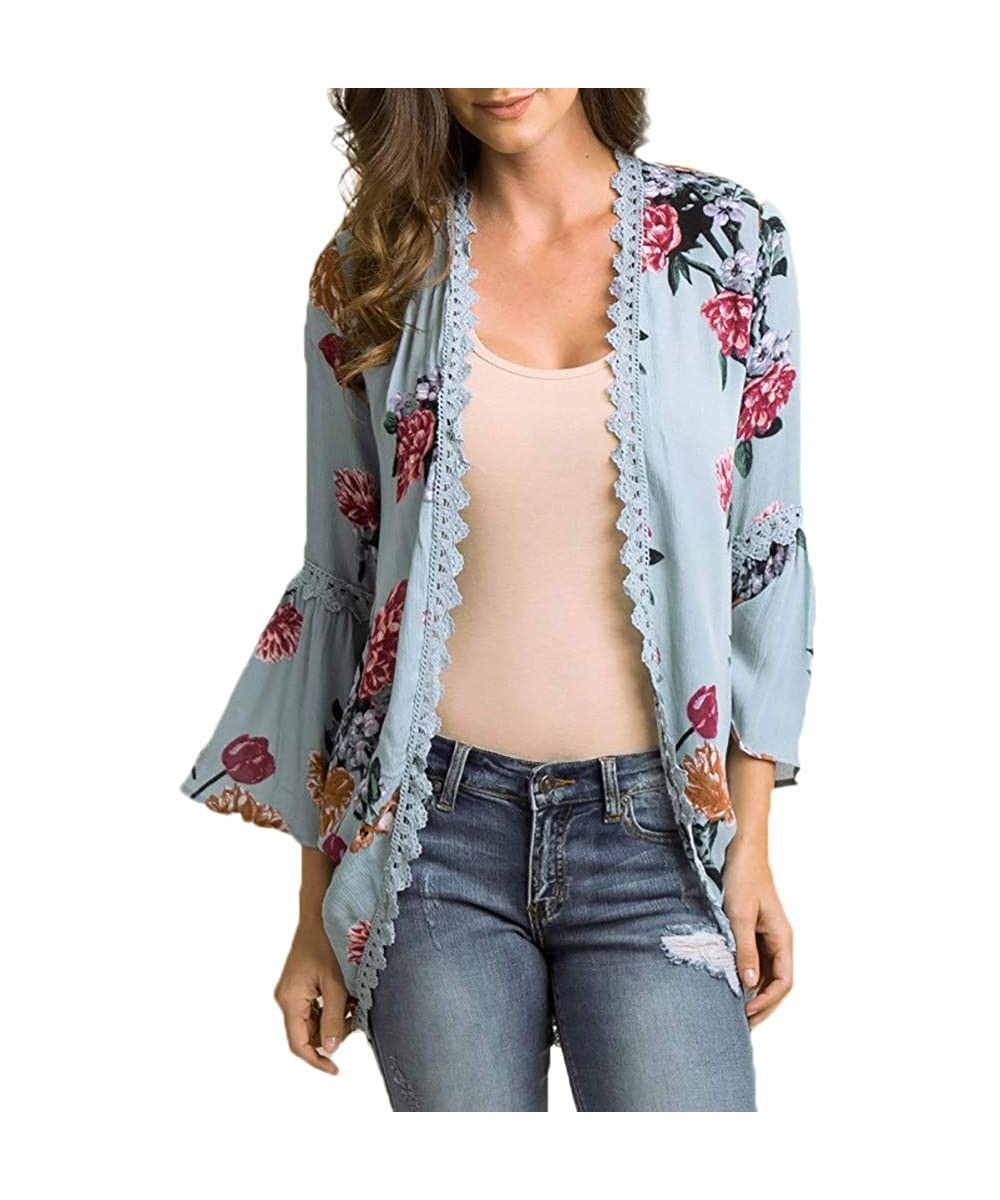 Womens Casual Solid Lace Three Quarter Flare Sleeve Chiffon Cardigan Loose Kimono Blouse Tops - Z-blue - CP18O20955R $20.24-C...