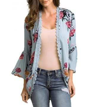 Womens Casual Solid Lace Three Quarter Flare Sleeve Chiffon Cardigan Loose Kimono Blouse Tops - Z-blue - CP18O20955R $20.24-C...