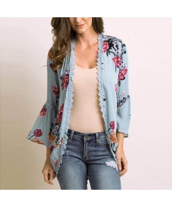 Womens Casual Solid Lace Three Quarter Flare Sleeve Chiffon Cardigan Loose Kimono Blouse Tops - Z-blue - CP18O20955R $20.24-C...