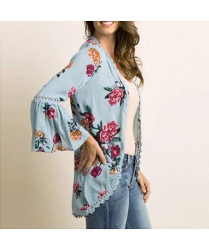 Womens Casual Solid Lace Three Quarter Flare Sleeve Chiffon Cardigan Loose Kimono Blouse Tops - Z-blue - CP18O20955R $20.24-C...