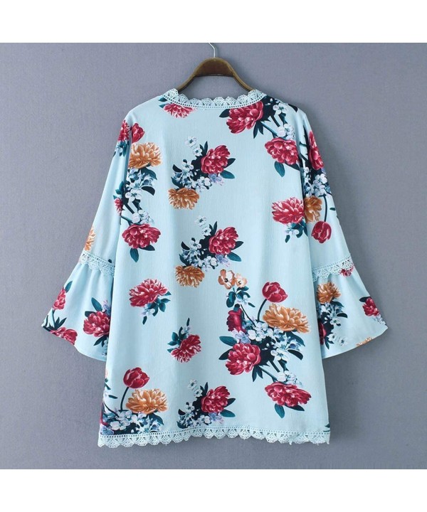 Womens Casual Solid Lace Three Quarter Flare Sleeve Chiffon Cardigan Loose Kimono Blouse Tops - Z-blue - CP18O20955R $20.24-C...