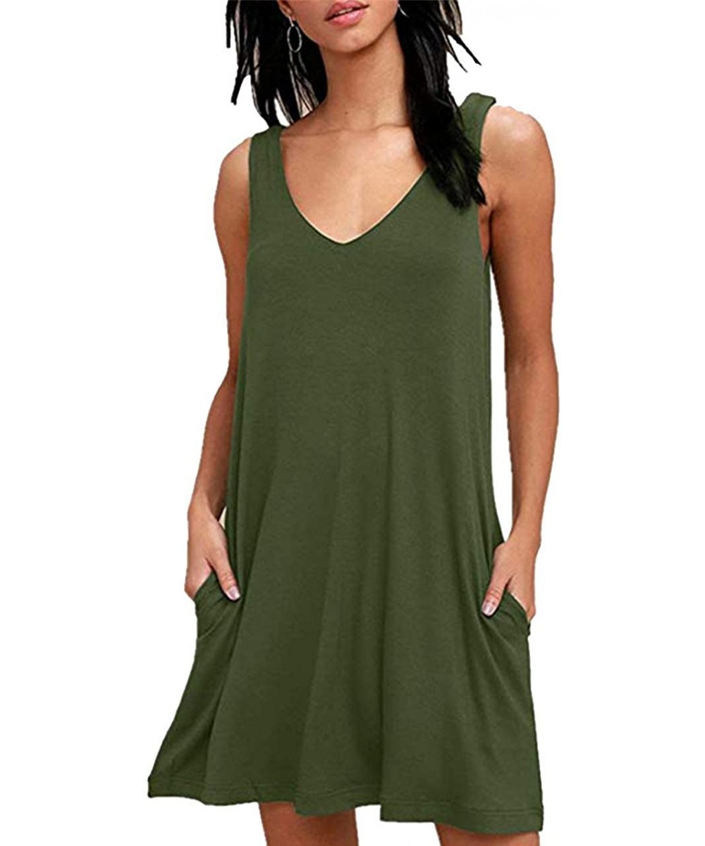 Women Summer Casual T Shirt Dresses Beach Cover up Sleeveless Plain Tank Swing Dress with Pockets - Army Green - C7199NDZ9E7 ...