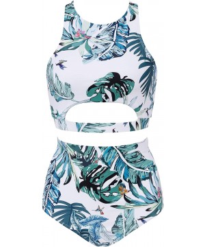 Women's Crop Top High Waisted Bikini Set Swimsuit Print Two Piece Bathing Suit - Leaf - CQ18U7IM6IR $28.77-Sets