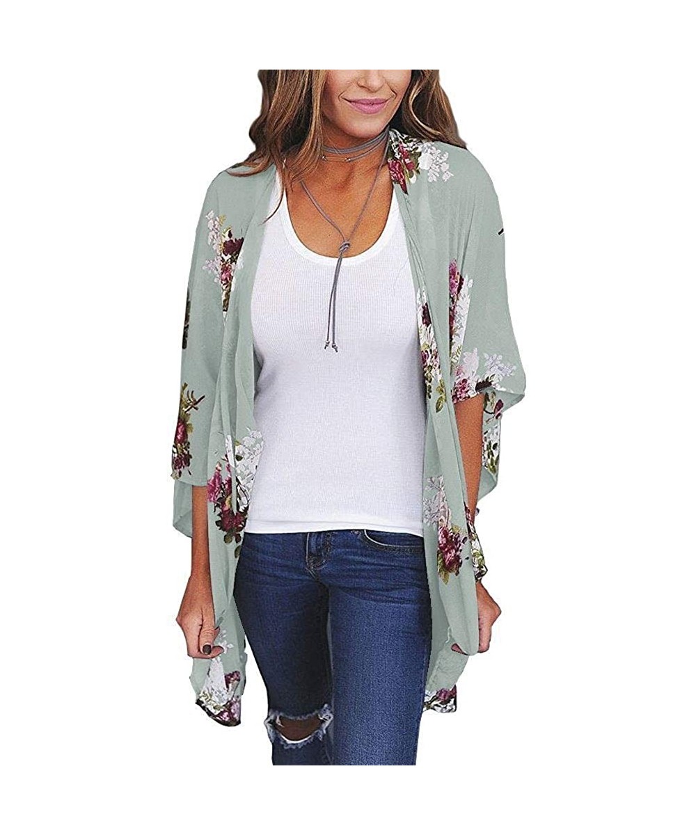 Women's Sheer Chiffon Blouse Loose Tops Kimono Floral Print Cardigan - B04 - CI18IS9KTXR $12.69-Cover-Ups